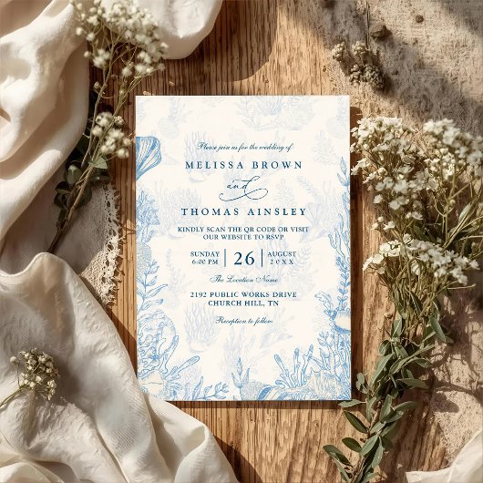 Invitation Mariage élégant à code QR aquarelle océan plage