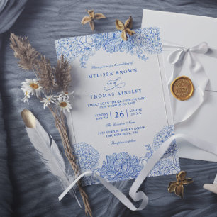 Invitation Mariage élégant à code QR bleu et blanc minimalist