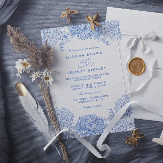 Invitation Mariage élégant à code QR bleu et blanc minimalist