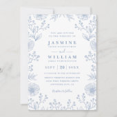 Invitation Mariage élégant à code QR floral bleu minimaliste (Devant)