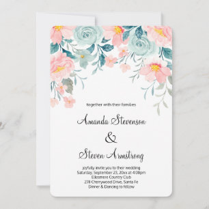 Invitation Mariage Élégant à la Bordure Florale Rose et Verte