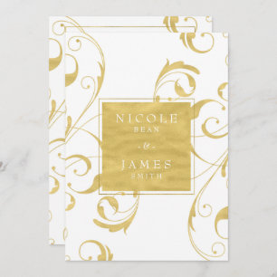 Invitation Mariage élégant à la florale de White & Faux Gold