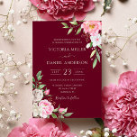 Invitation Mariage élégant à la florale rose rouge bordeaux<br><div class="desc">Un élégant faire-part de mariage fleuri aux fleurs d'aquarelle rose vif et à la calligraphie manuscrite moderne sur un arrière - plan rouge bordeaux.</div>