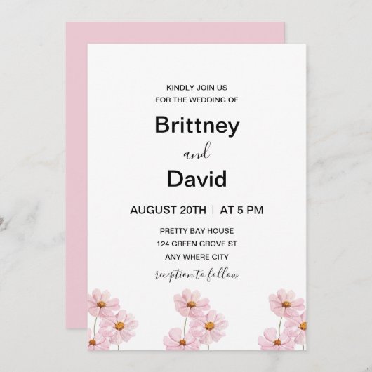 Invitation Mariage élégant à la flore rose pâle (Devant / Derrière)