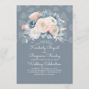 Invitation Mariage élégant à la Pêche Bleue et à la Flore Ros