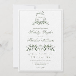 Invitation Mariage élégant à la sauge verte avec blason flora