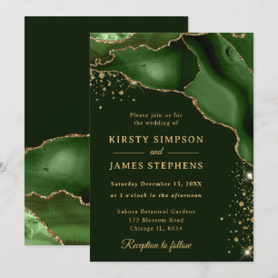 Invitation Mariage élégant à l'agate verte et dorée pailletée