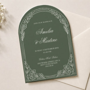 Invitation mariage élégant à l'ancienne avec arche en olive v