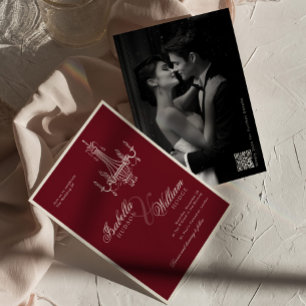 Invitation Mariage élégant à l'ancienne avec code QR Burgundy