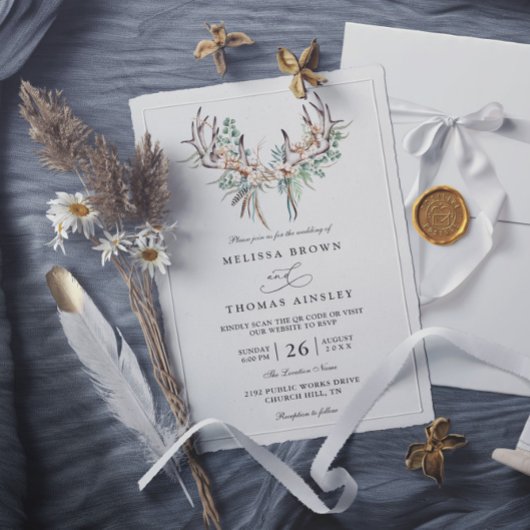 Invitation Mariage élégant à l'aquarelle Eucalyptus Boho Code