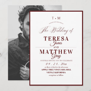 Invitation Mariage élégant à l'écriture classique en bordeaux