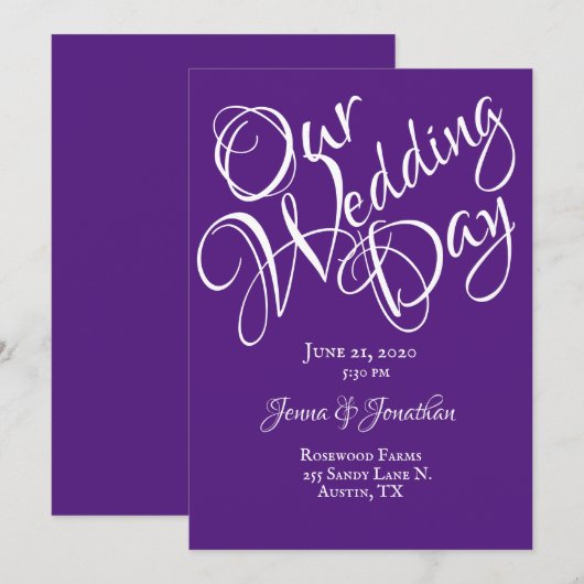 Invitation Mariage élégant à l'écriture violette (Devant / Derrière)