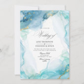 Invitation Mariage Élégant à l'Encre Bleue et Or sur Marbre (Devant)