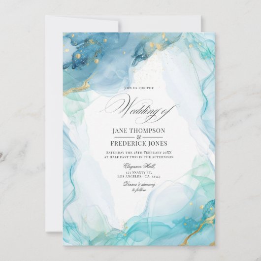 Invitation Mariage Élégant à l'Encre Bleue et Or sur Marbre (Devant)