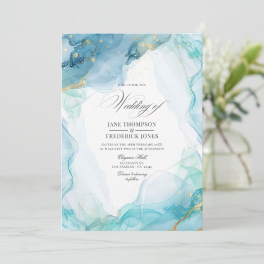 Invitation Mariage Élégant à l'Encre Bleue et Or sur Marbre (Debout devant)