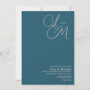 Invitation Mariage élégant à l'encre bleue et rose avec monog