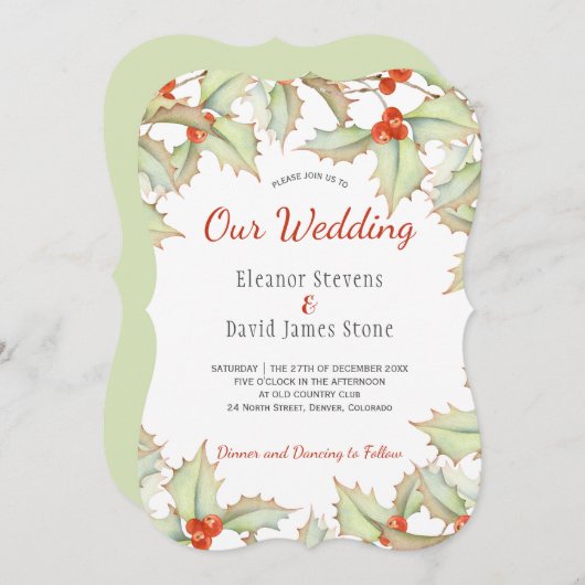 Invitation Mariage élégant à l'hiver rouge et vert Holly berr (Devant / Derrière)