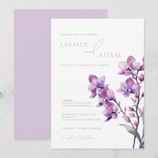 Invitation Mariage Élégant à l'Orchidée Violette (Devant / Derrière)
