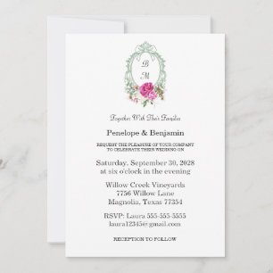 Invitation Mariage Élégant à Monogramme de Pivoine Rose Flora