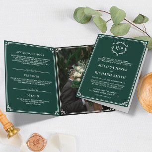 Invitation Mariage élégant à monogramme vert émeraude et blan