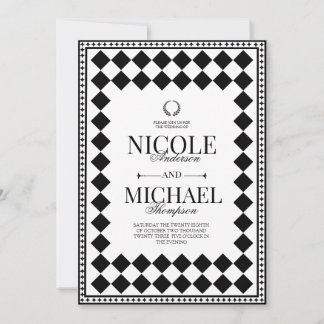 Invitation Mariage Élégant à Motif Diamant Noir & Blanc