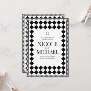 Invitation Mariage élégant à motif diamant noir et blanc