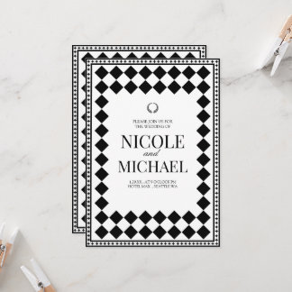 Invitation Mariage élégant à motif diamant noir et blanc