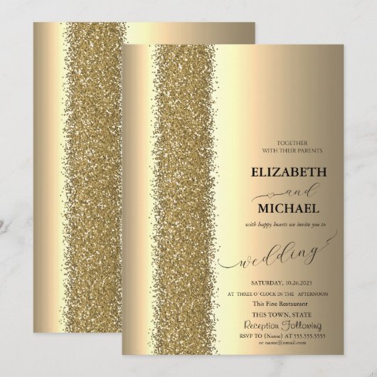 Invitation Mariage élégant à paillettes dorées (Devant / Derrière)