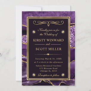 Invitation Mariage élégant à paillettes violettes et dorées a