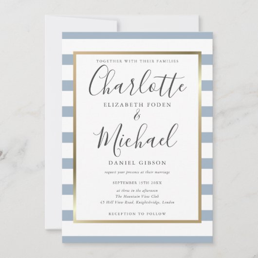 Invitation Mariage élégant à rayures bleu poussiéreux Script (Devant)