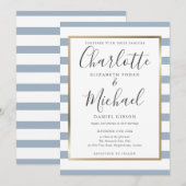 Invitation Mariage élégant à rayures bleu poussiéreux Script (Devant / Derrière)