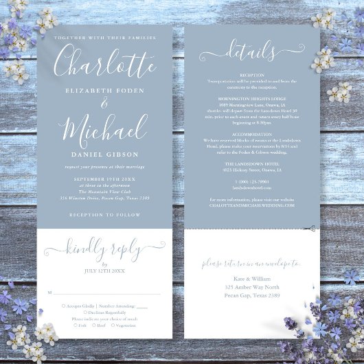 Invitation Mariage élégant à tout-en-un bleu poussiéreux avec