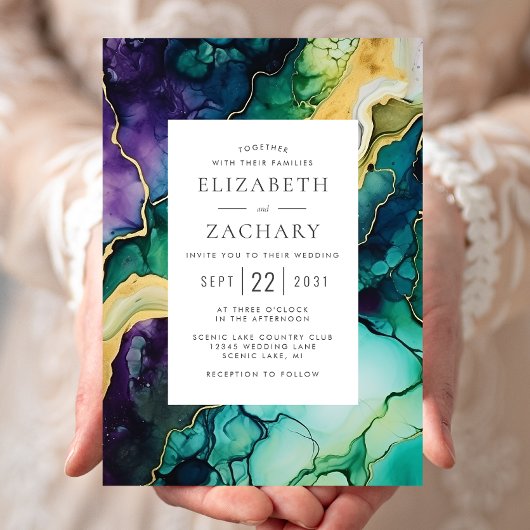 Invitation Mariage élégant abstrait prune vert or