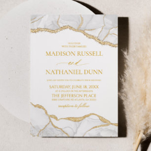 Invitation Mariage Élégant Agate Blanc Or
