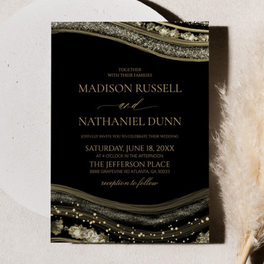 Invitation Mariage Élégant Agate Noir Or
