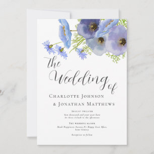 Invitation Mariage Élégant Aquarelle Bohème Floral Bleu