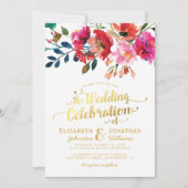 Invitation Mariage Élégant Aquarelle Fleurs Or Blanc (Devant)