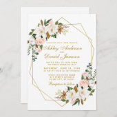 Invitation Mariage Elegant Aquarelle Magnolias Rose Or (Devant / Derrière)