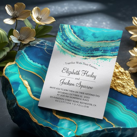 Invitation Mariage Elegant Aquarelle Turquoise & Gold Agate G