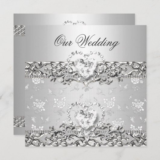 Invitation Mariage élégant Argent Blanc Diamant Coeur (Devant / Derrière)