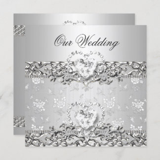 Invitation Mariage élégant Argent Blanc Diamant Coeur