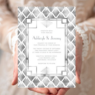 Invitation Mariage Élégant Argent Blanc Motif Décoratif Vinta