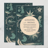 Invitation Mariage Élégant Argent Vert Tarot (Devant / Derrière)