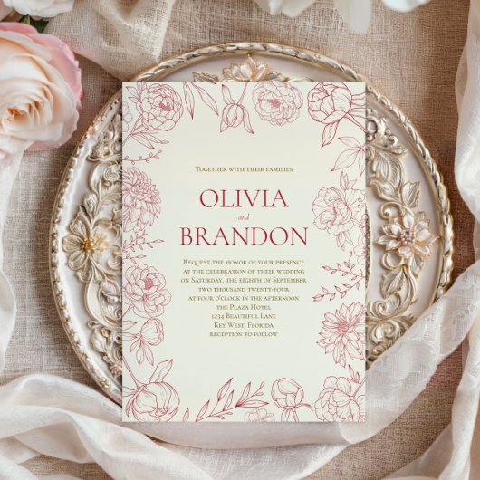 Invitation Mariage Élégant Art de Ligne de Bordure de Fleur d