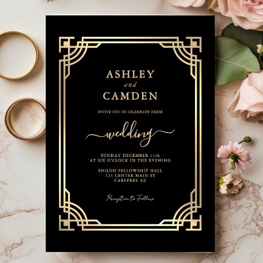 Invitation Mariage élégant Art Déco avec cadre doré