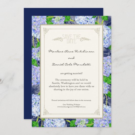 Invitation Mariage Élégant Art Déco Fleur Hydrangea Bleu (Devant / Derrière)
