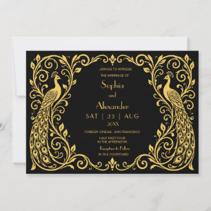 Invitation Mariage élégant Art Déco Paon Or Noir