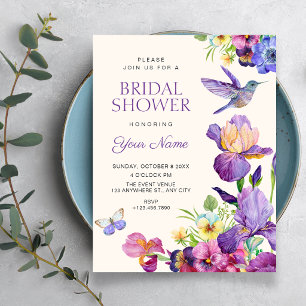 Invitation Mariage élégant art floral oiseau violet shower