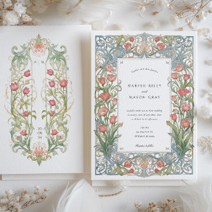 Invitation Mariage Élégant Art Nouveau aux Tulipes Rouges