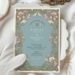 Invitation Mariage Élégant Art Nouveau Fleur de Lys Rose